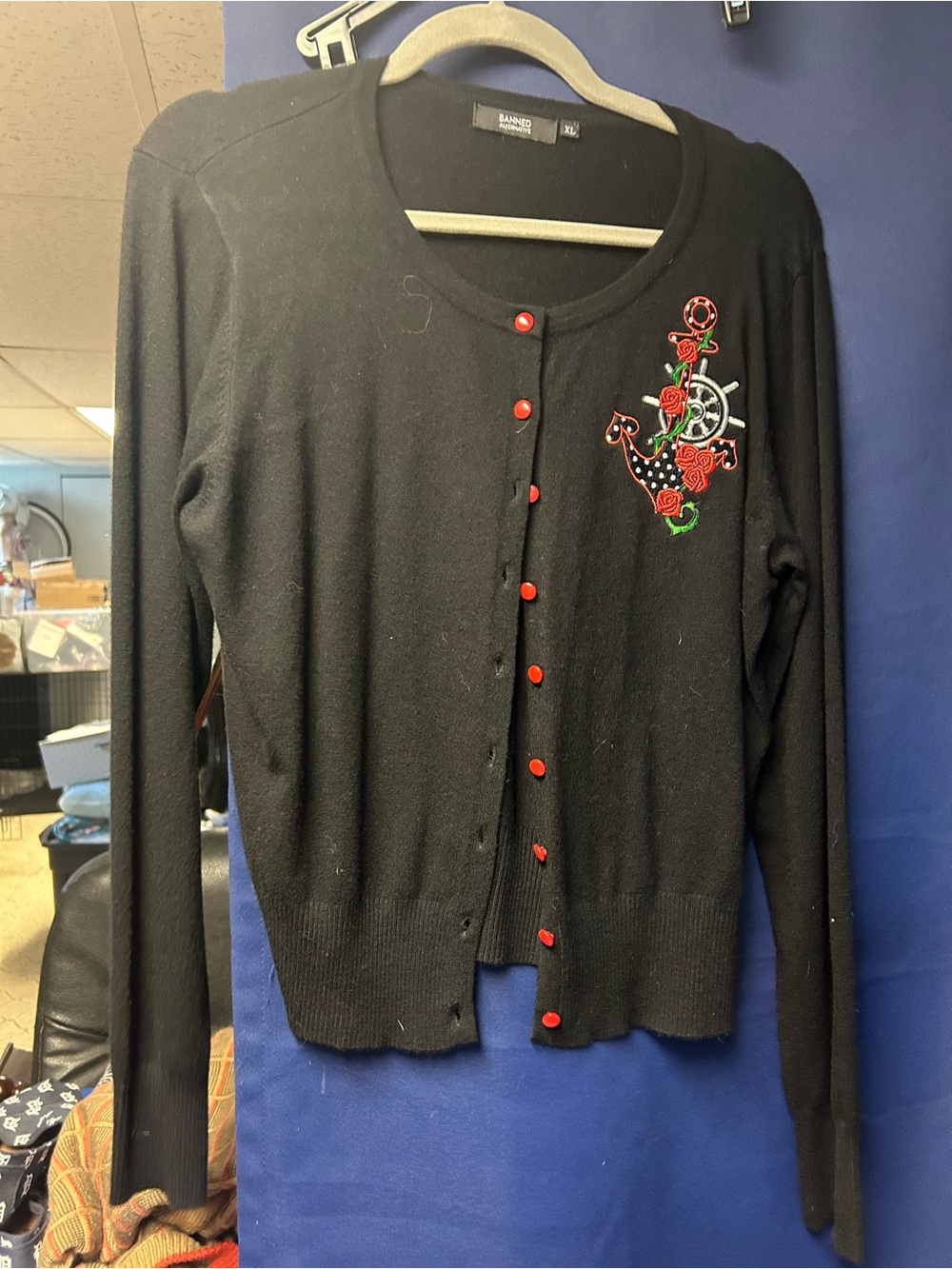 Alternative Black Cardigan with Red Rose & Anchor Embroidery